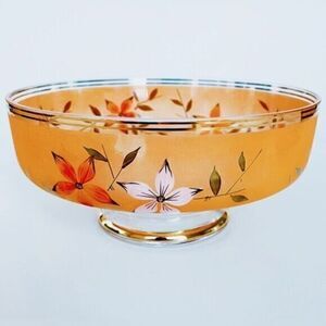 Vintage MCM Frosted Glass Peach & Gold Floral Bowl​​​